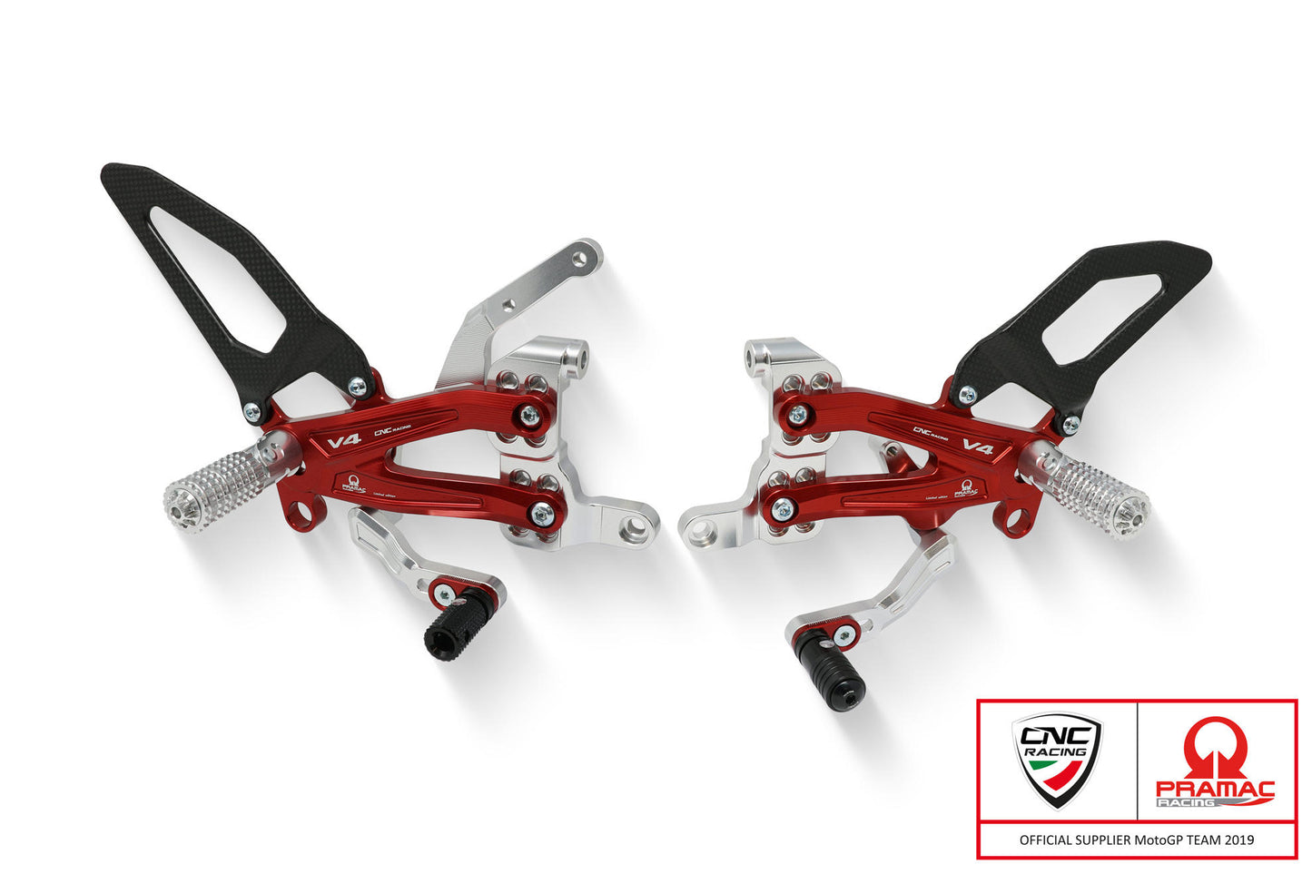 PE408PR - CNC Racing PRAMAC RACING LIMITED EDITION RPS Adjustable Rearset for the Ducati Panigale V4 / S / R - with Carbon Heel guard