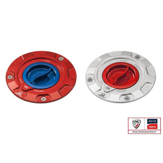 CLOSEOUT OS - CNC Racing PRAMAC EDITION Quick Release Gas Cap for newer Ducati's MV's and Aprilia's - Color Silver/Red