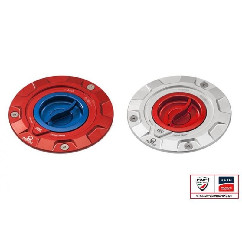 CLOSEOUT OS - CNC Racing PRAMAC EDITION Quick Release Gas Cap for newer Ducati's MV's and Aprilia's - Color Silver/Red
