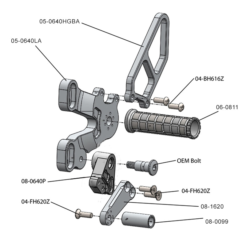 Woodcraft - 05-0640BA Ducati 848/1098/1198/848 EVO Complete Rearset Kit w/ Pedals - Silver - STD/GP Shift