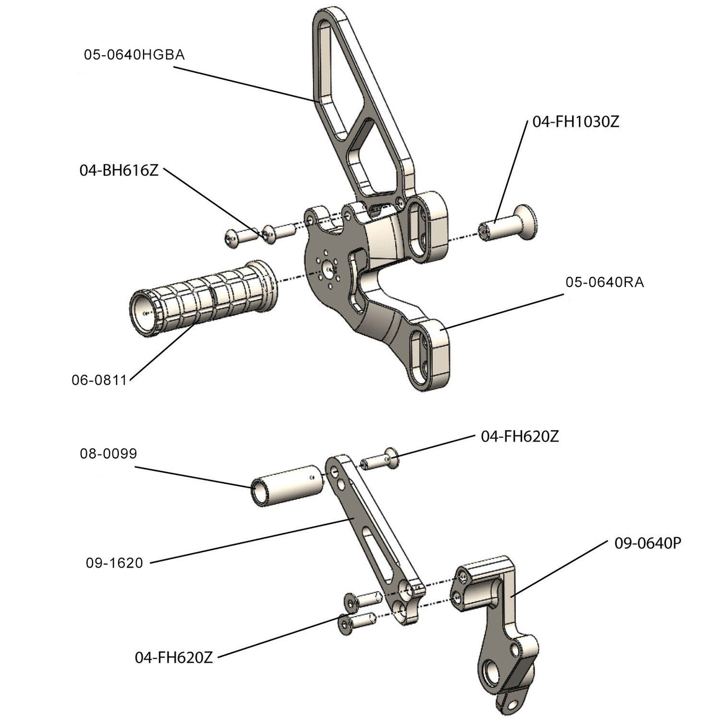 Woodcraft - 05-0640BA Ducati 848/1098/1198/848 EVO Complete Rearset Kit w/ Pedals - Silver - STD/GP Shift